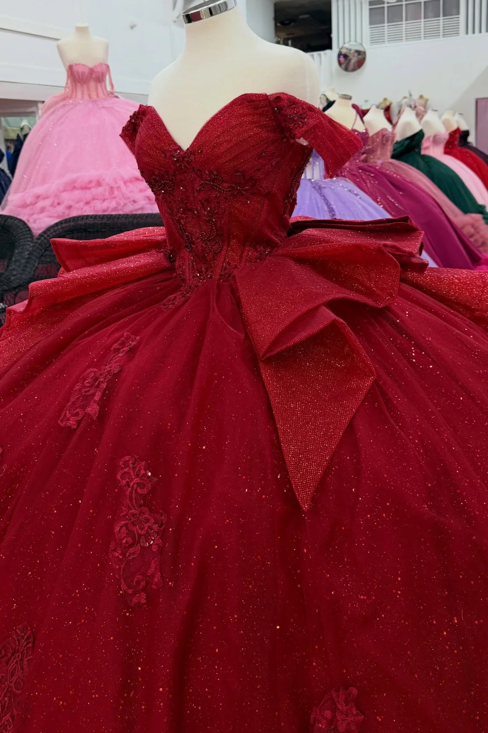 Off Shoulder Glitter Burgundy Quinceañera Dress Appliques with Bow Knot