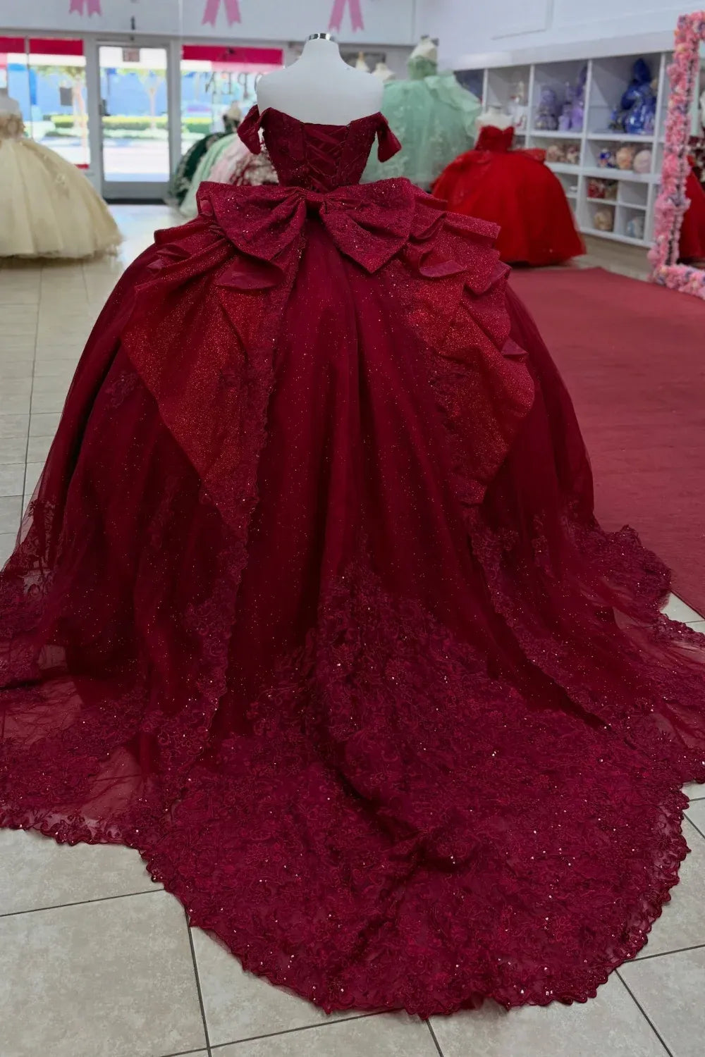 Off Shoulder Glitter Burgundy Quinceañera Dress Appliques with Bow Knot