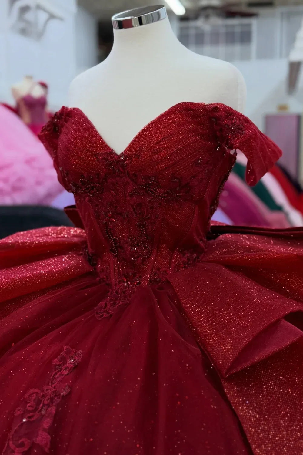 Off Shoulder Glitter Burgundy Quinceañera Dress Appliques with Bow Knot