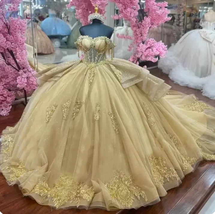 Glitter Corsest Gold Quinceanera Dresses Appliques Ruffles Back