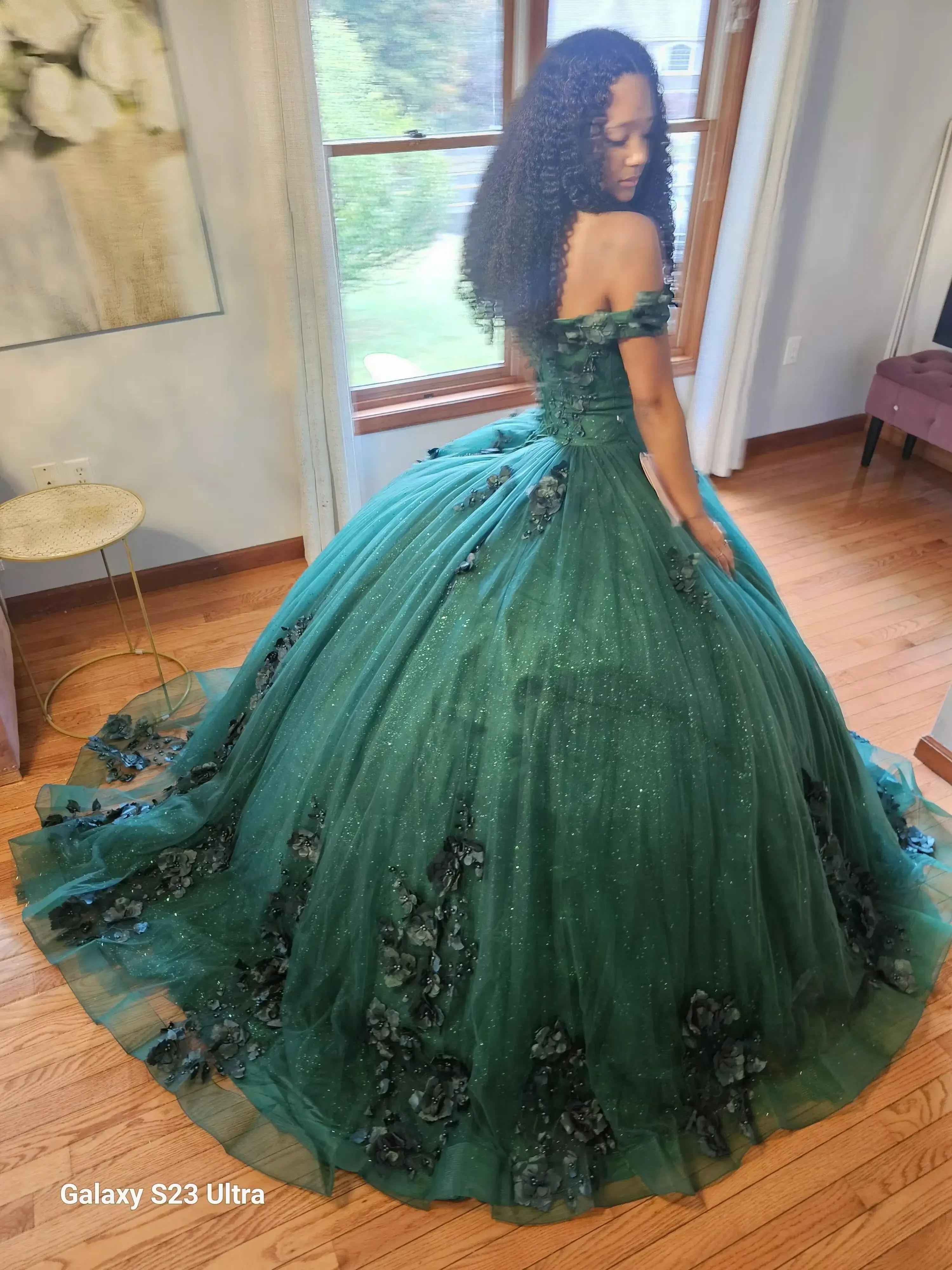 Glitter Dark Green Quinceañera Ball Gown 3D flowers off-the-shoulder