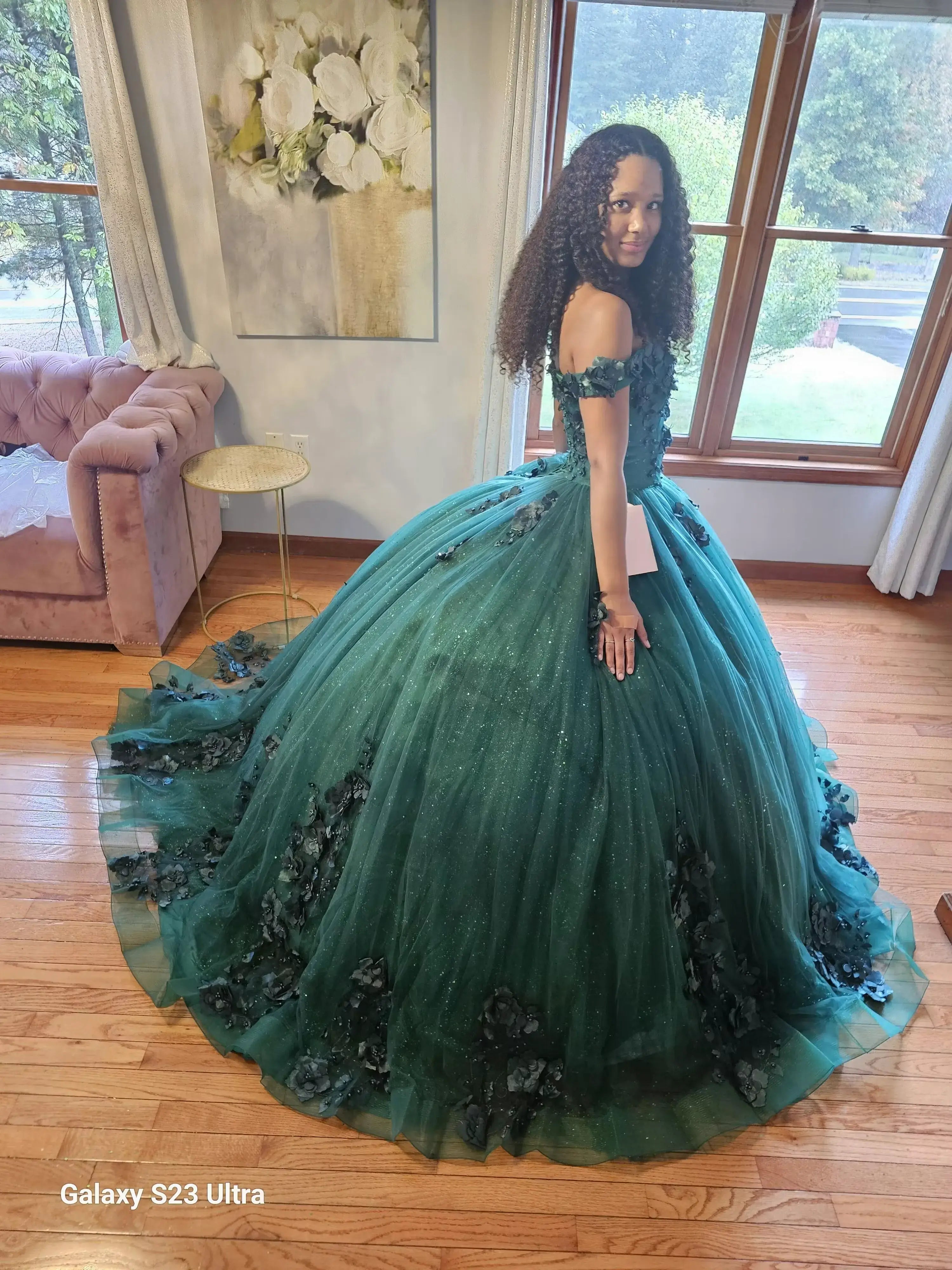 Glitter Dark Green Quinceañera Ball Gown 3D flowers off-the-shoulder