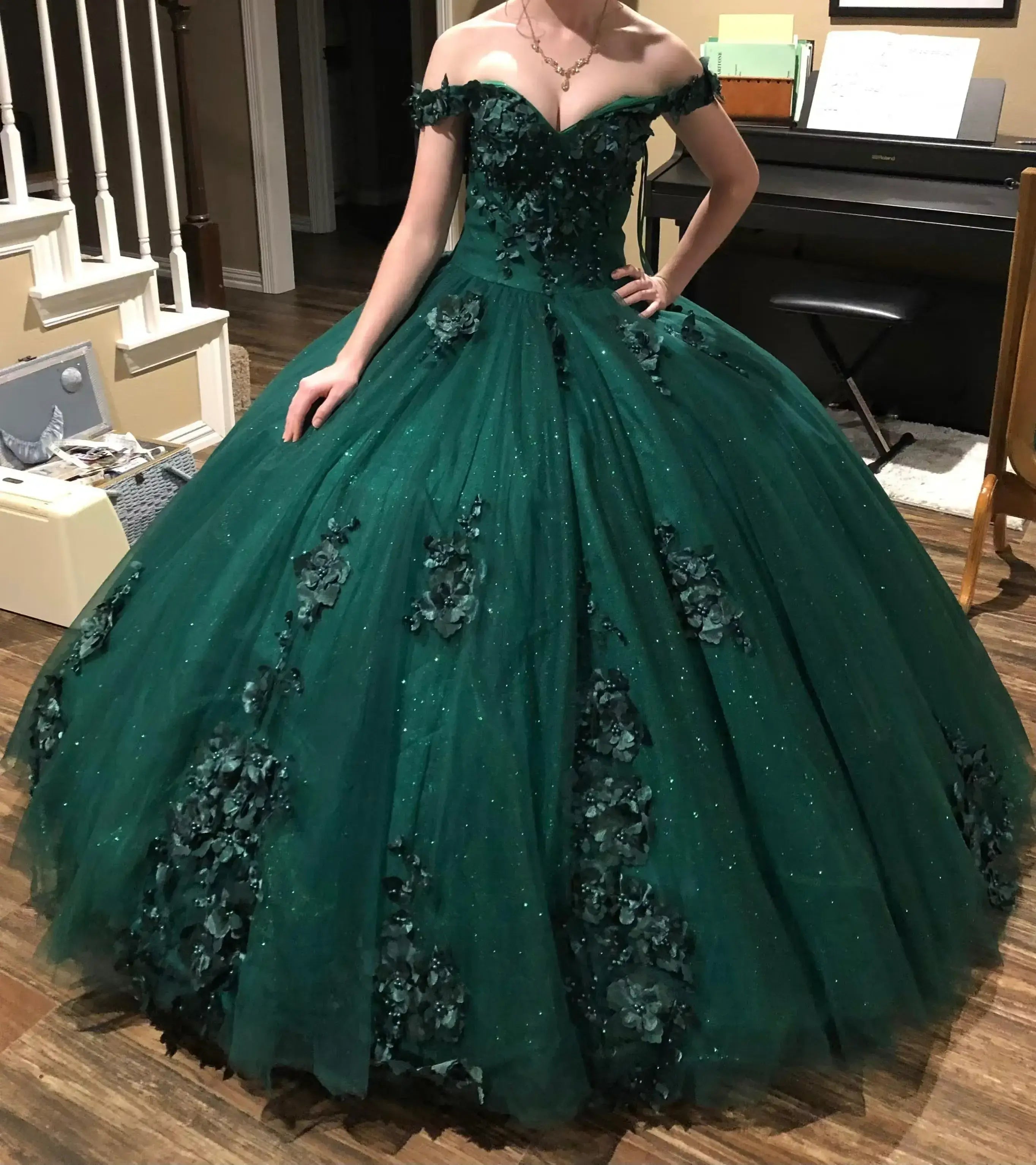 Glitter Dark Green Quinceañera Ball Gown 3D flowers off-the-shoulder