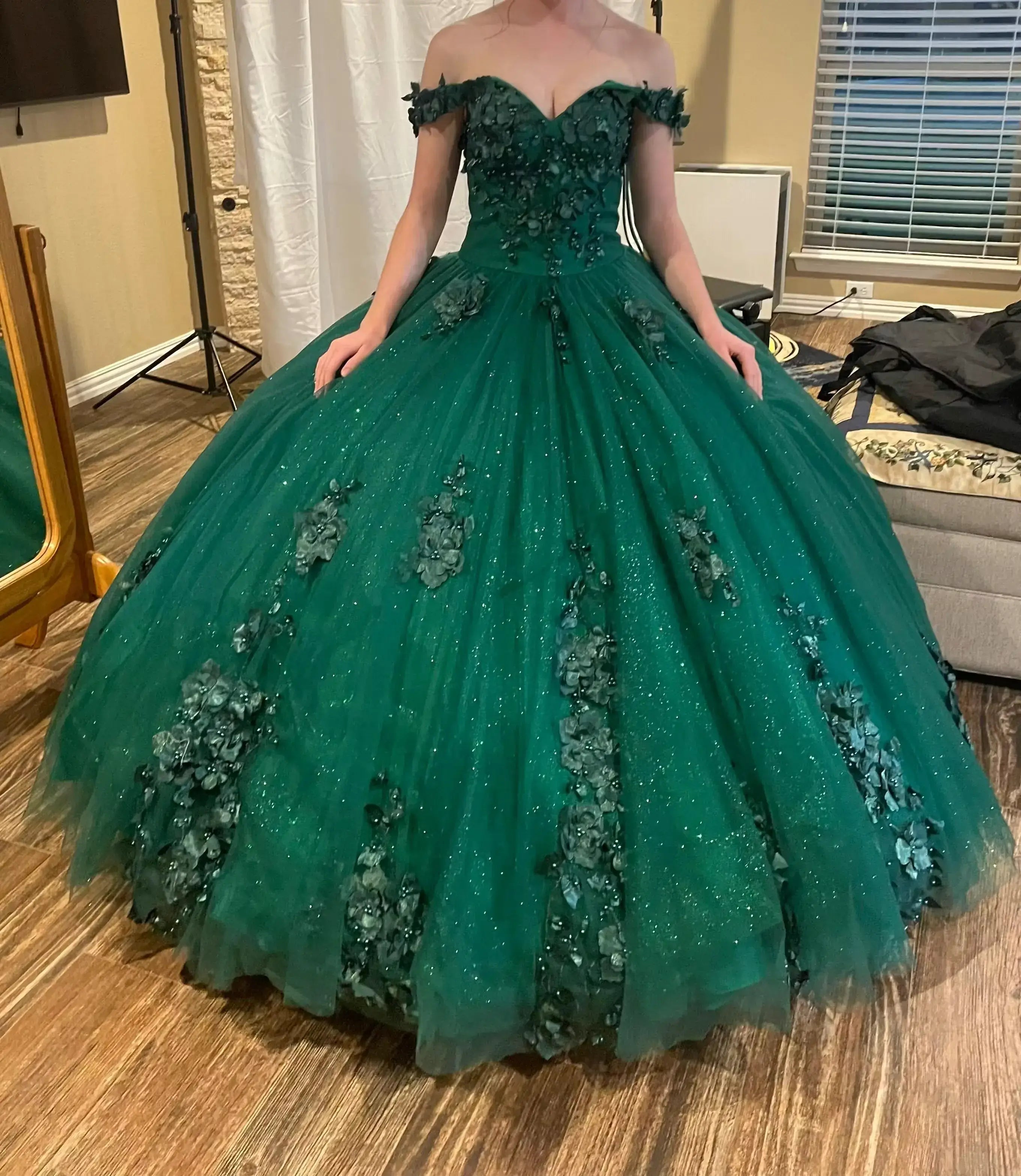Glitter Dark Green Quinceañera Ball Gown 3D flowers off-the-shoulder