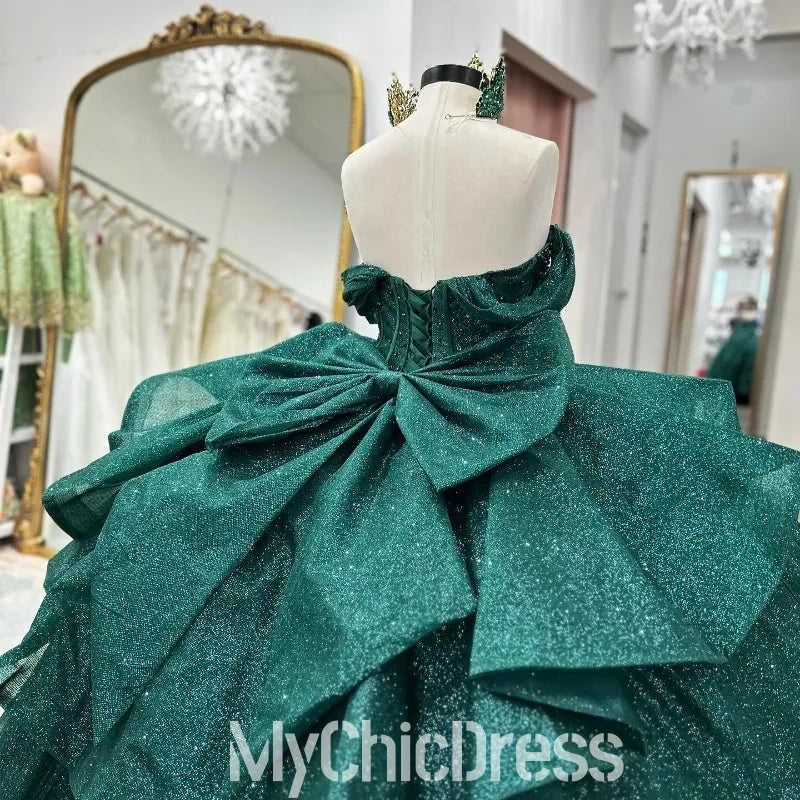 Glitter Emerald Green Off Shoulder Quinceanera Dresses Ball Gown Mychicdress