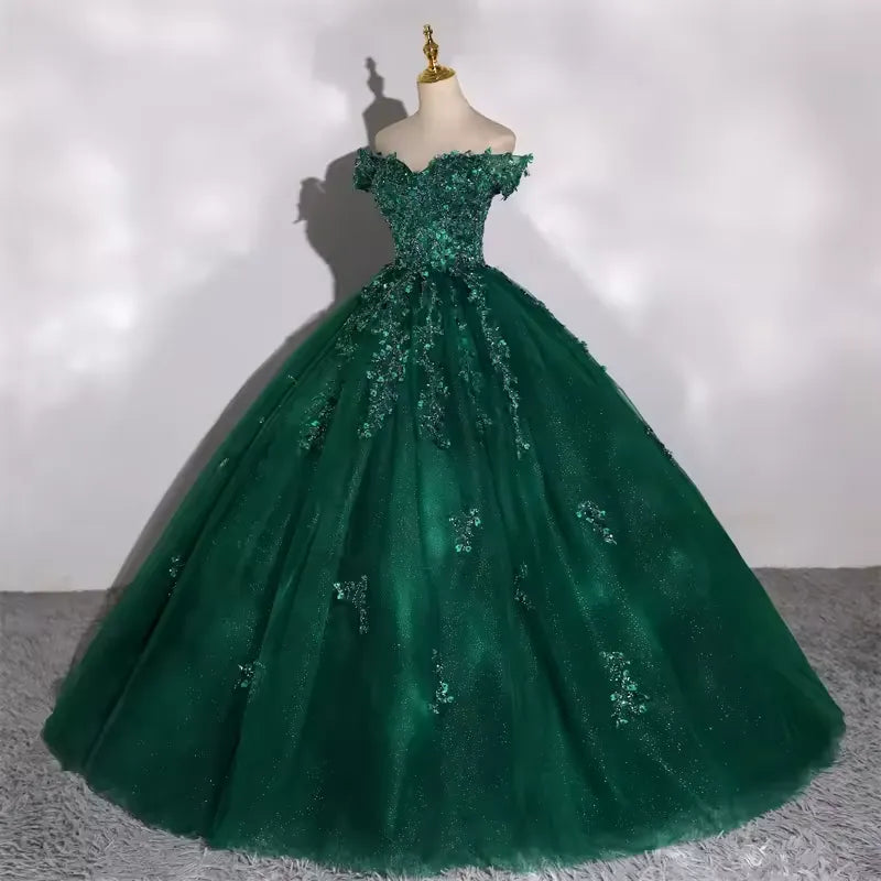 Glitter Emerald Green Quinceanera Dresses Ball Gown Off Shoulder 15 Dress