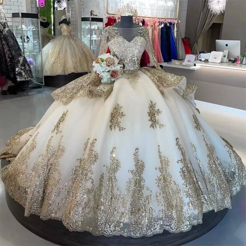 Ball Gown Glitter Ivory Gold Lace Quinceanera Dresses With Long-Sleeve