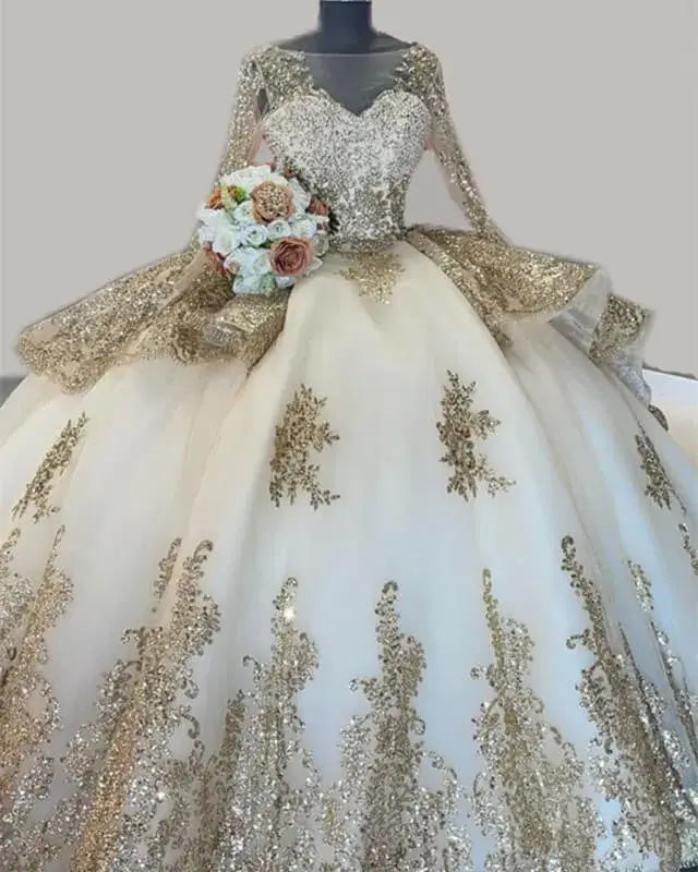 Ball Gown Gold Lace Quinceanera Dresses With Long-Sleeve