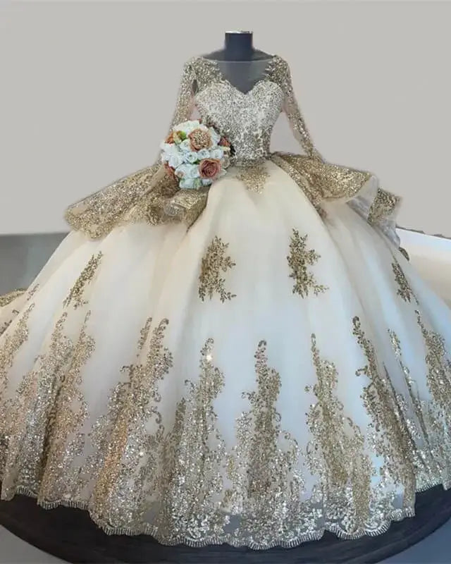 Ball Gown Glitter Ivory Gold Lace Quinceanera Dresses With Long-Sleeve