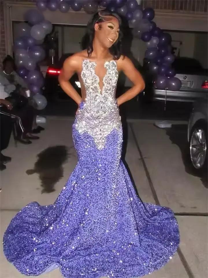 sparkling silver evening gown Glitter Black Formal Dress For Girl with Beads Crystals Prom Gown
