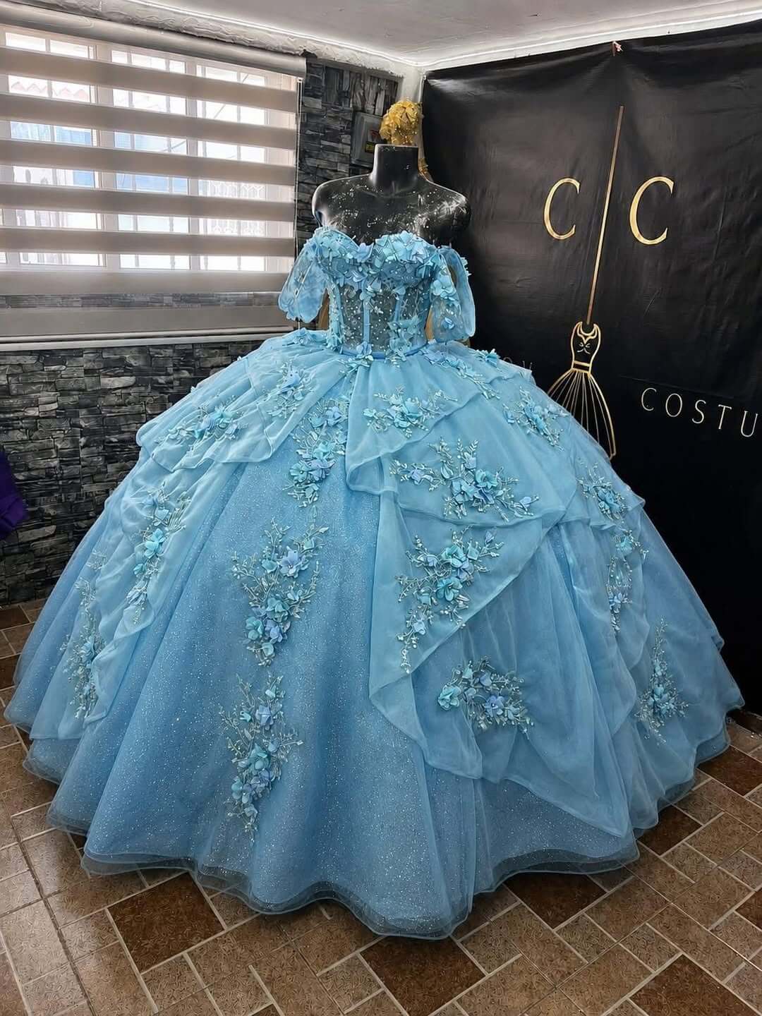 Glitter Light Blue Corset Floral Quinceanera Dress Tulle Off the Shoulder