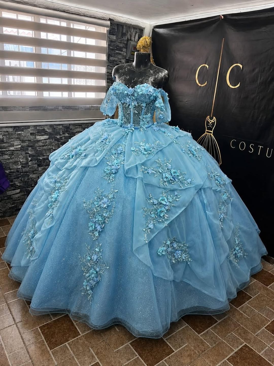 Glitter Light Blue Corset Floral Quinceanera Dress Tulle Off the Shoulder
