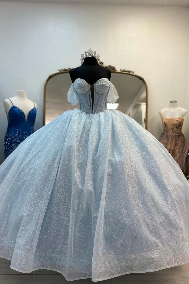 Glitter Light Blue Quinceanera Dress Corset Off the Shoulder 15 Dress with Bow Mychicdress