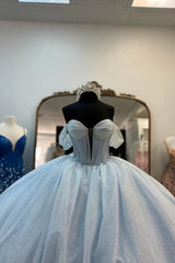 Glitter Light Blue Quinceanera Dress Corset Off the Shoulder 15 Dress with Bow Mychicdress