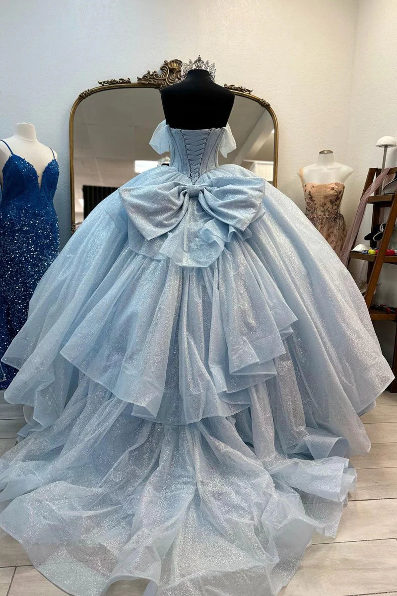 Glitter Light Blue Quinceanera Dress Corset Off the Shoulder 15 Dress with Bow