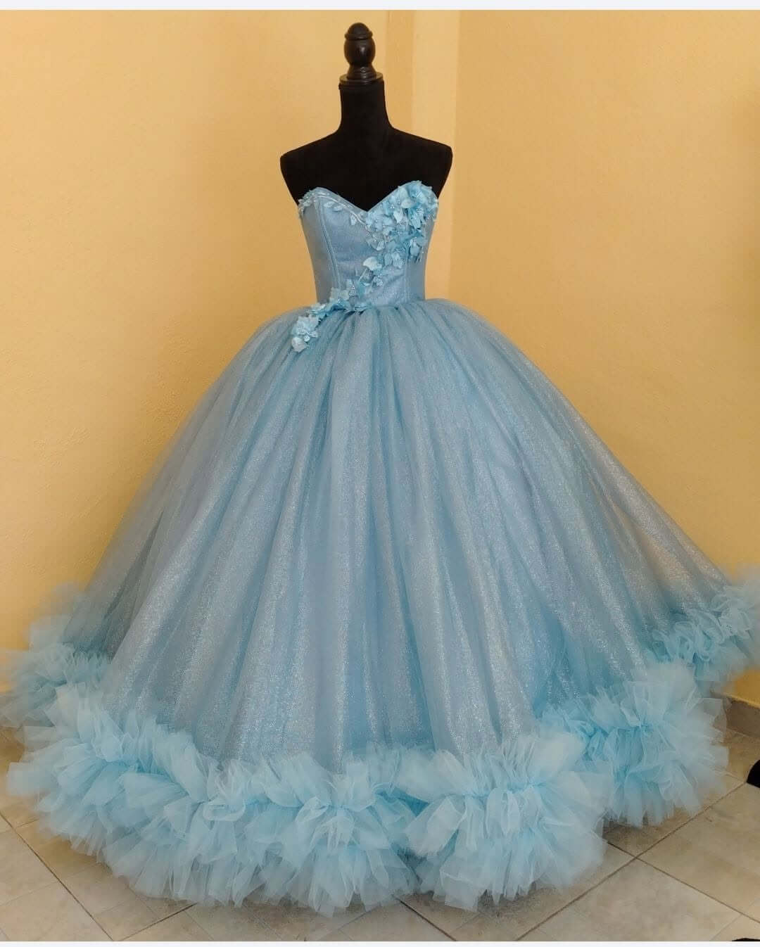 Glitter Light Blue Strapless Quinceañera Dress with 3D Floral Ruffles