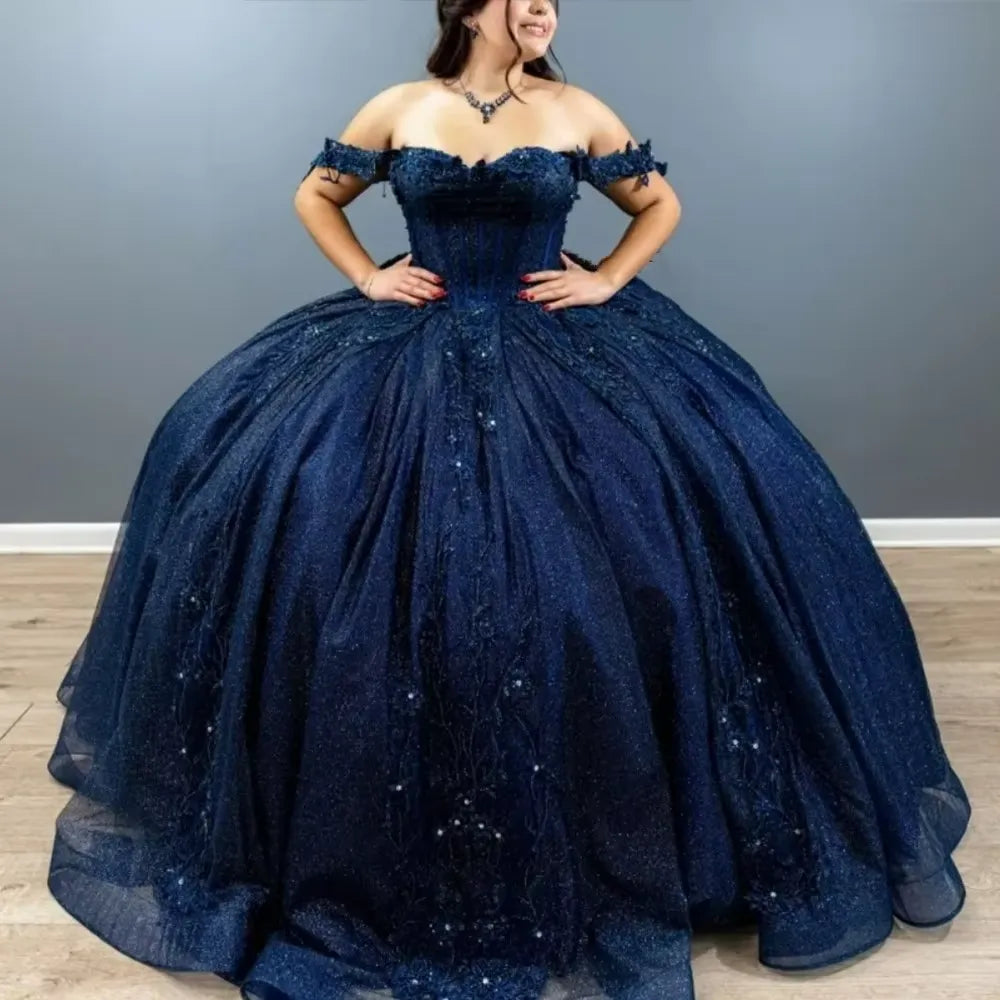 Glitter Navy Blue Vestidos De 15 Anos XV Ball Gown Quince Dress