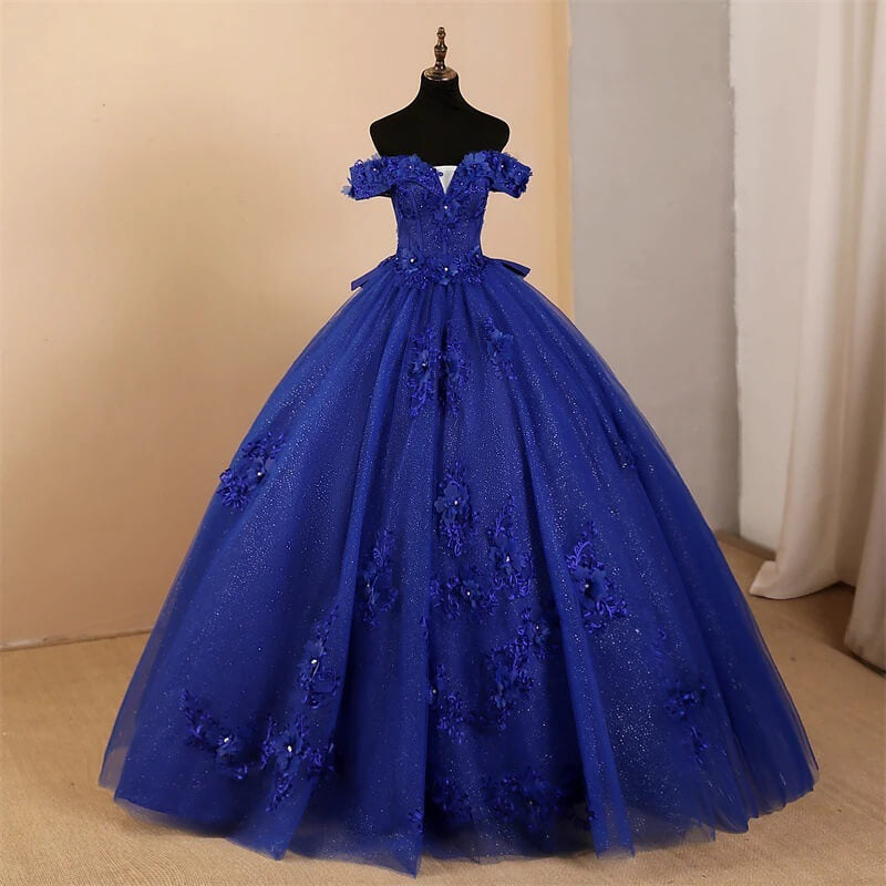 Glitter Off-Shoulder Ball Gown Sweet 16 Dress Royal Blue Lace Prom Dress