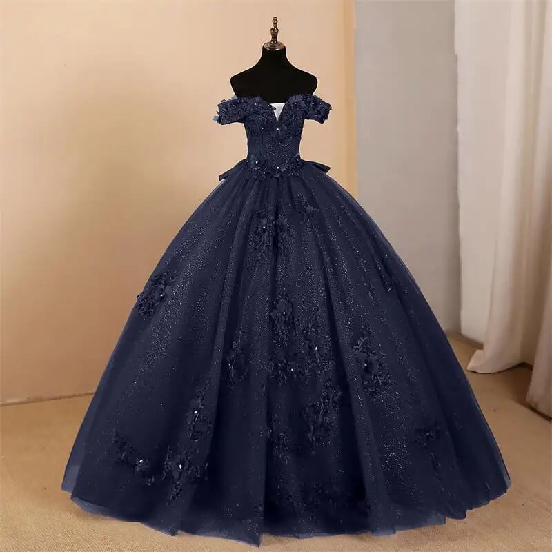 Glitter Off-Shoulder Ball Gown Sweet 16 Dress Royal Blue Lace Prom Dress