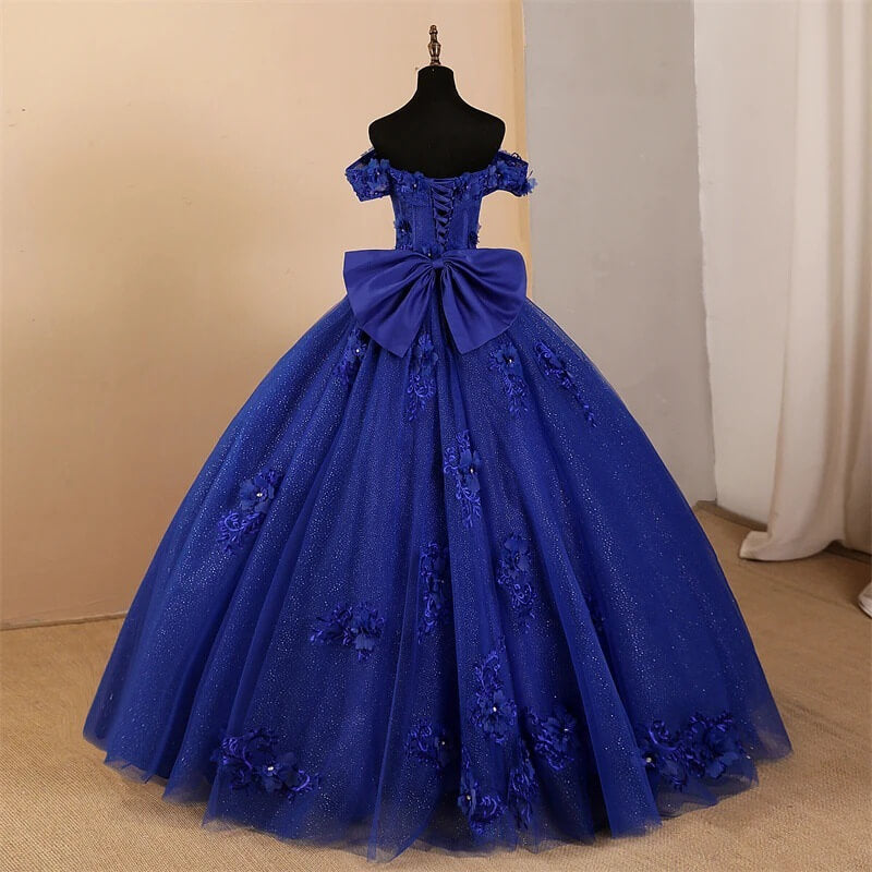 Glitter Off-Shoulder Ball Gown Sweet 16 Dress Royal Blue Lace Prom Dress