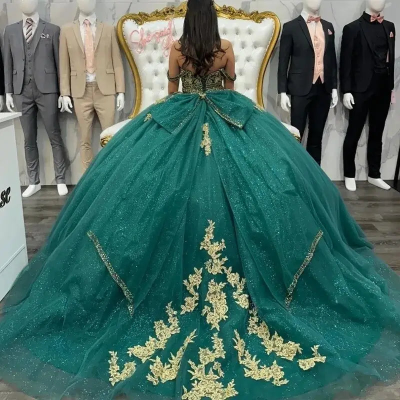 Glitter Off Shoulder Sweet 16 Quinceanera Dresses Emerald Green Bowed