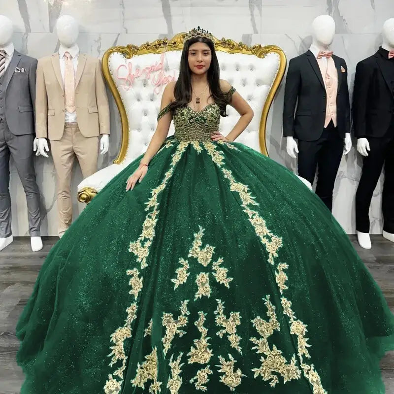 Glitter Off Shoulder Sweet 16 Quinceanera Dresses Emerald Green Bowed