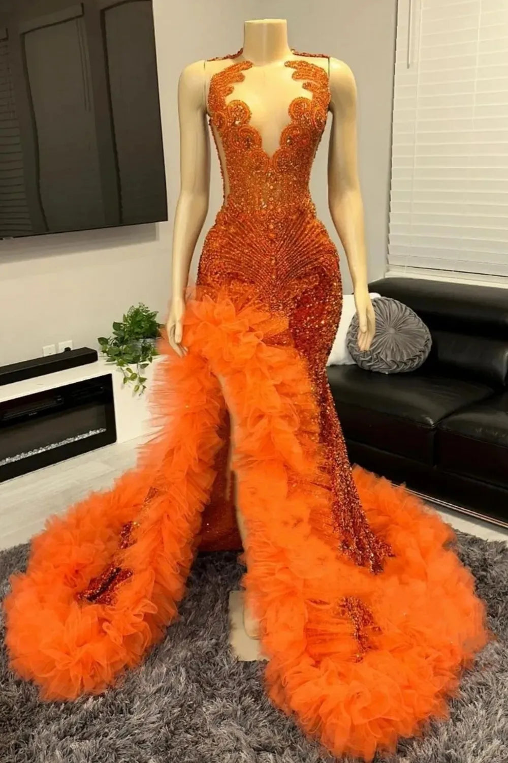 Glitter Orange Sequin Prom Dress Beaded Tulle V-neck with Ruffles