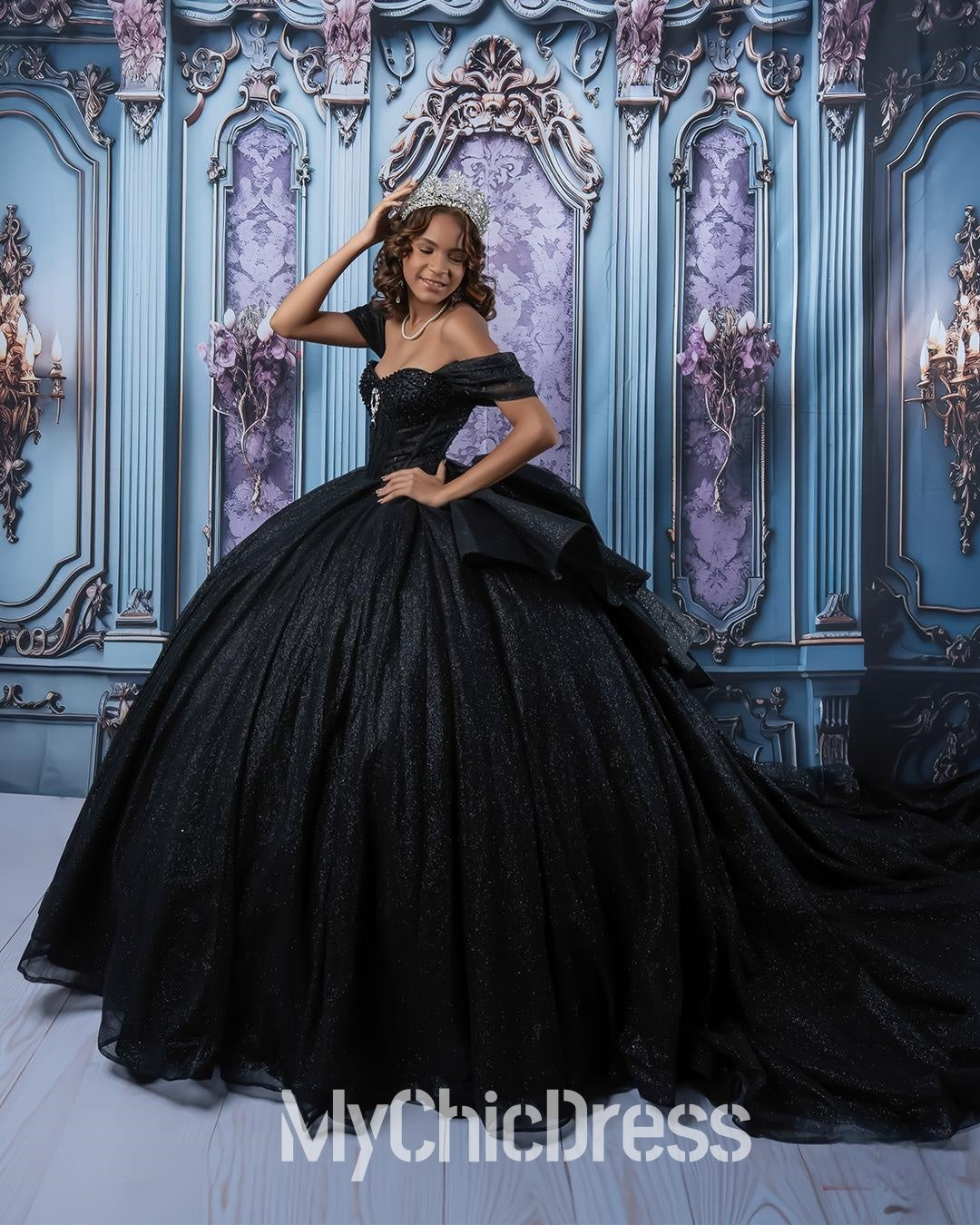 Glitter black Quinceanera Dress Near Me Beaded Off Shoulder with Bow