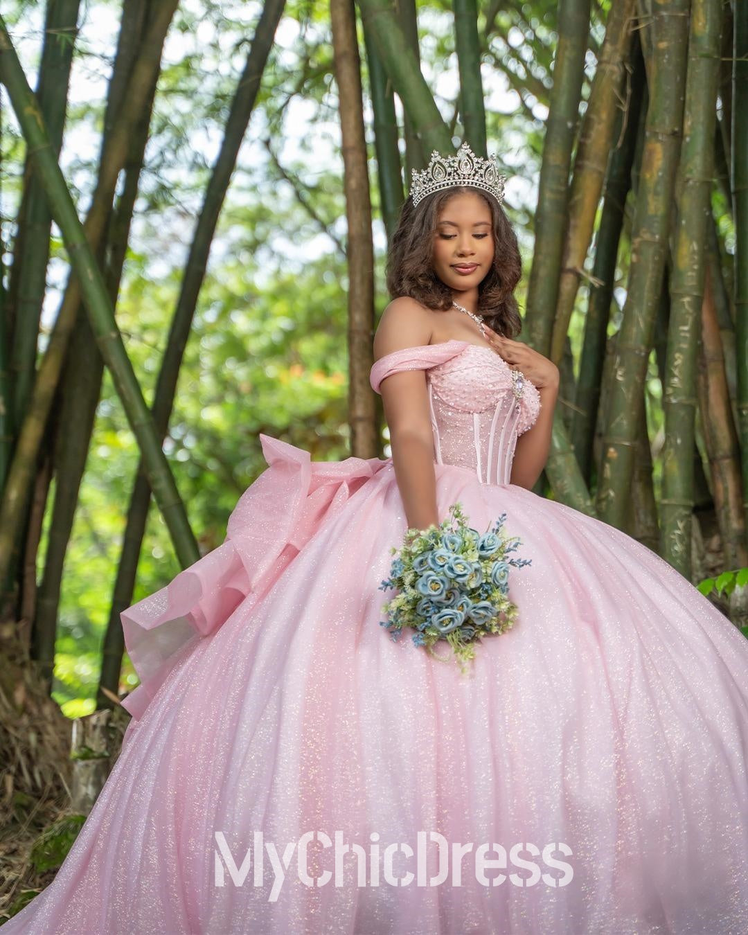 Glitter pink Quinceanera Dress Near Me Beaded Off Shoulder with Bow