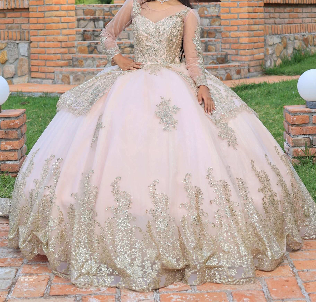 Ball Gown Glitter Pink Gold Lace Quinceanera Dresses With Long-Sleeve