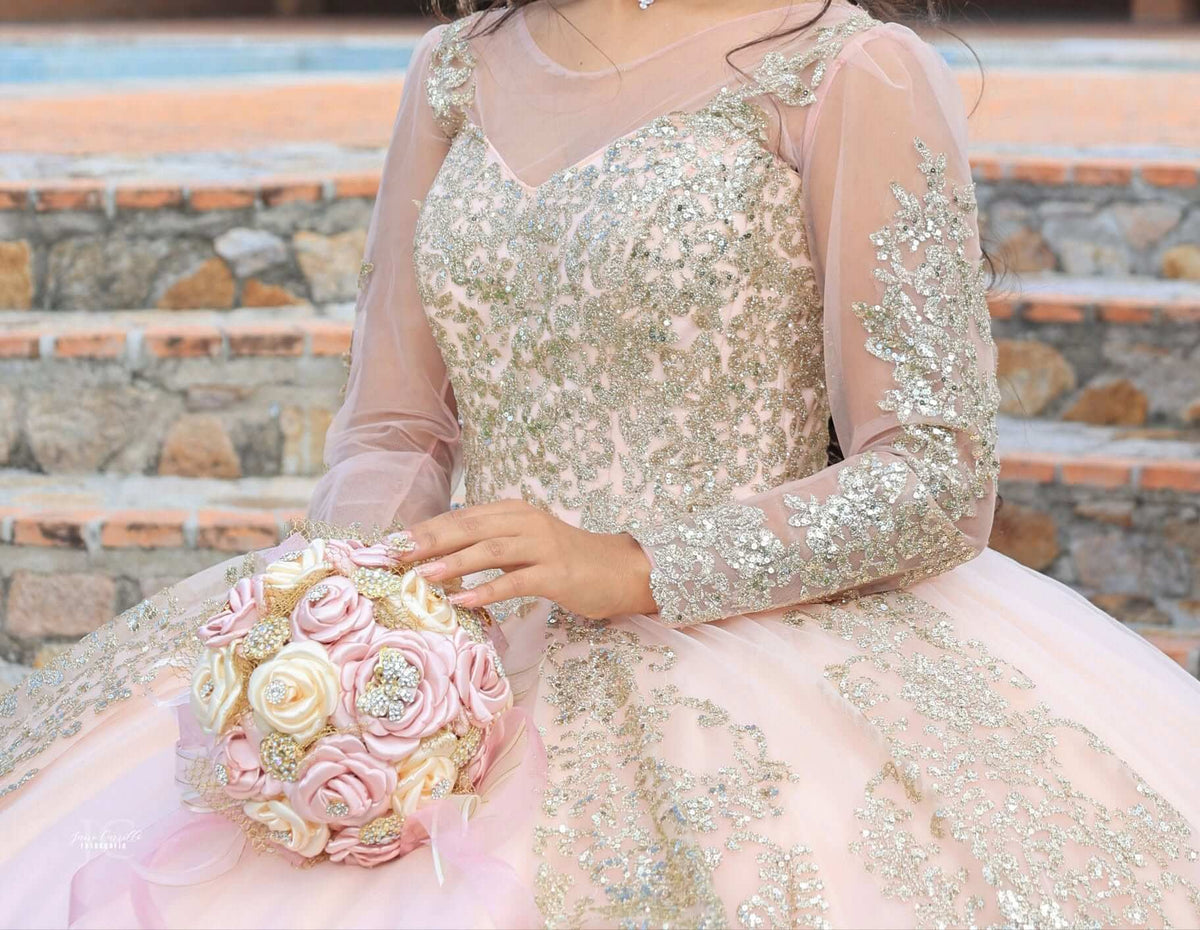 Glitter Pink Gold Lace Quinceanera Dresses With Long-Sleeve