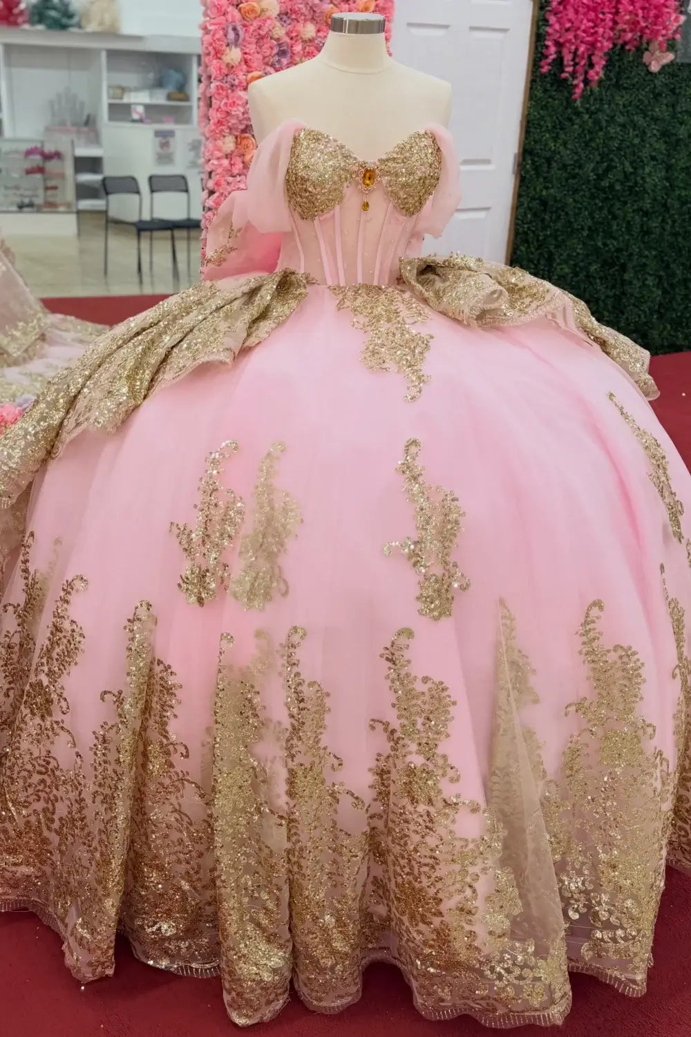 Glitter Pink Gold Sequin Quinceanera Dresses Off Shoulder Tiered Sweet 15