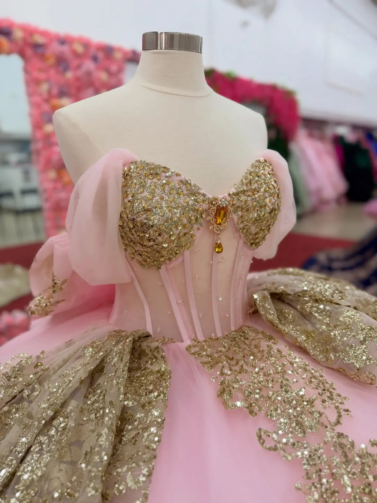 Glitter Pink Gold Sequin Quinceanera Dresses Off Shoulder Tiered Sweet 15