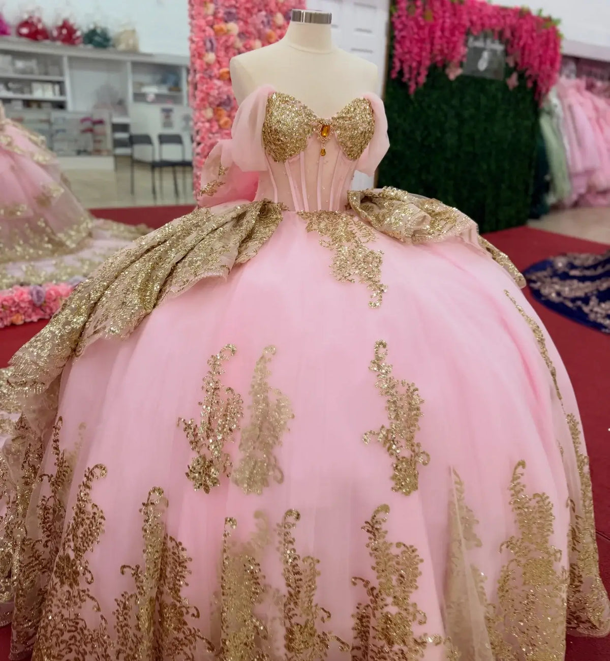 Glitter Pink Gold Sequin Quinceanera Dresses Off Shoulder Tiered Sweet 15