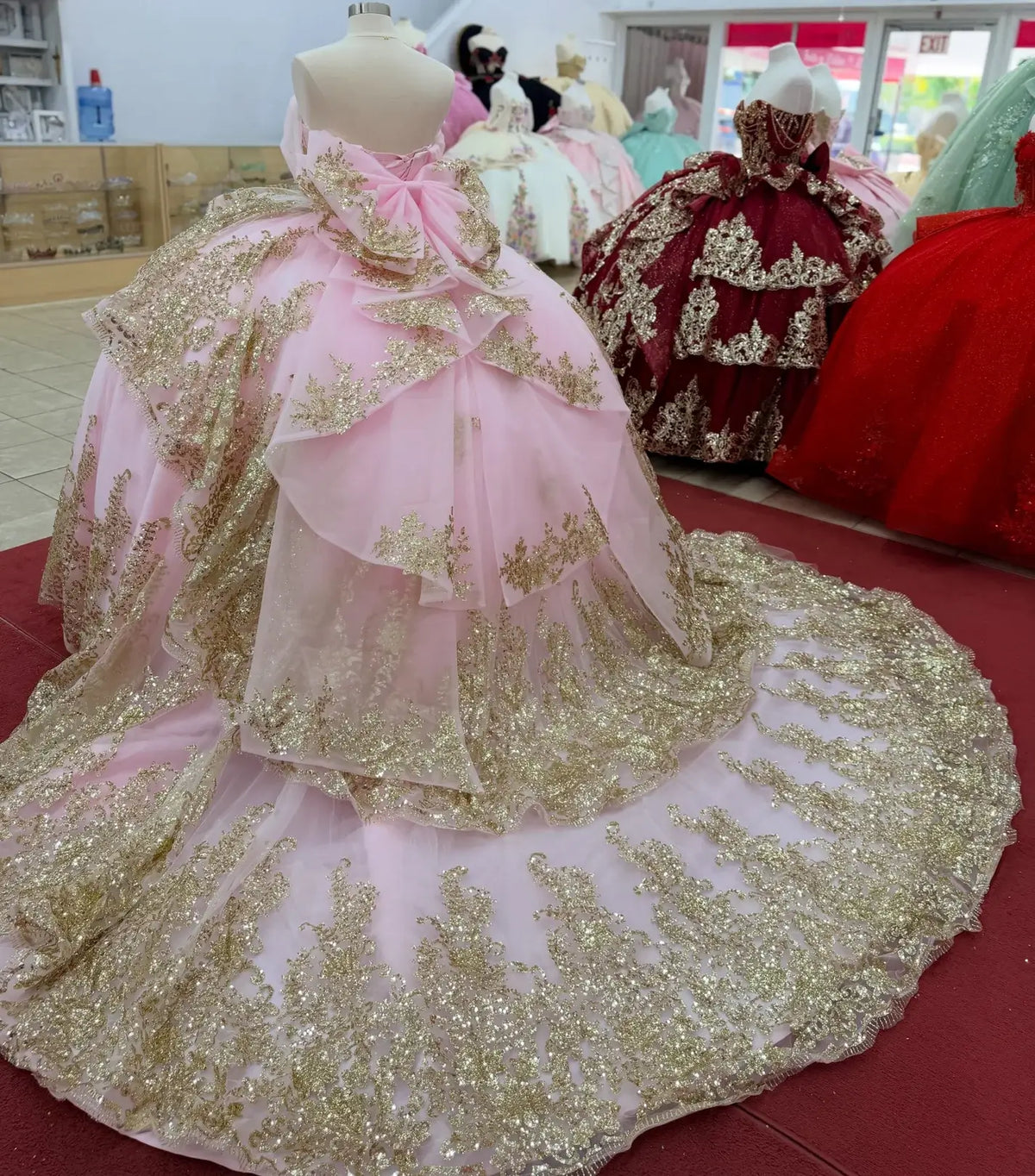 Glitter Pink Gold Sequin Quinceanera Dresses Off Shoulder Tiered Sweet 15