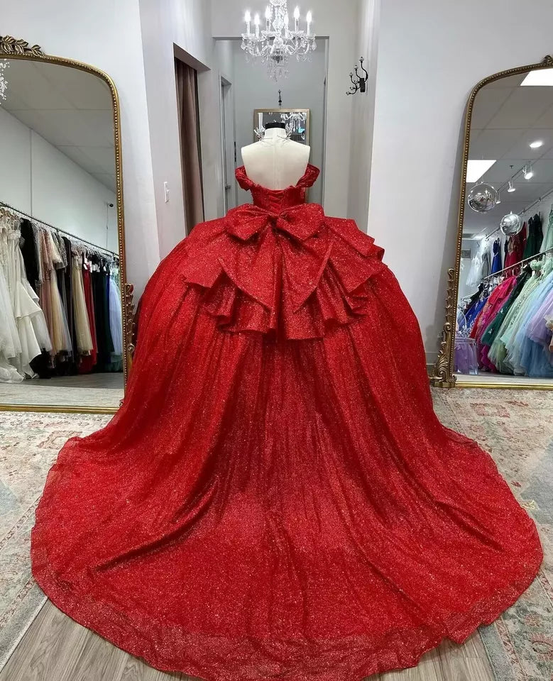 Glitter Red Quinceanera Dress Near Me Beaded Off Shoulder with Bow Mychicdress