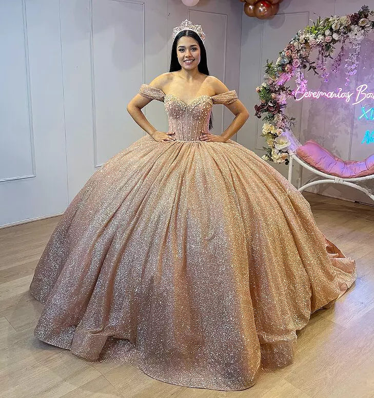 Glitter Rose Gold Quinceanera Dresses for Sweet 16 Ball Gowns Mychicdress