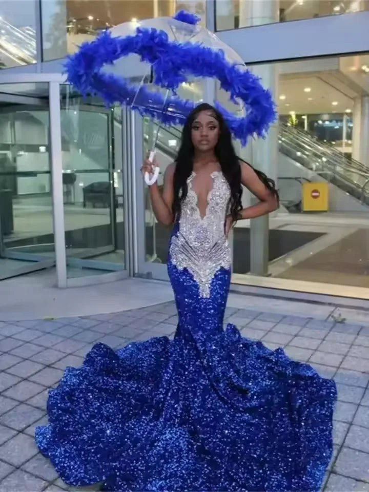 blue and silver dress Glitter Formal Dress For Girl with Beads Crystals Prom Gown