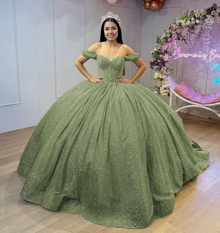 Glitter Sage Green Quinceanera Dresses for Sweet 16 Ball Gowns Mychicdress