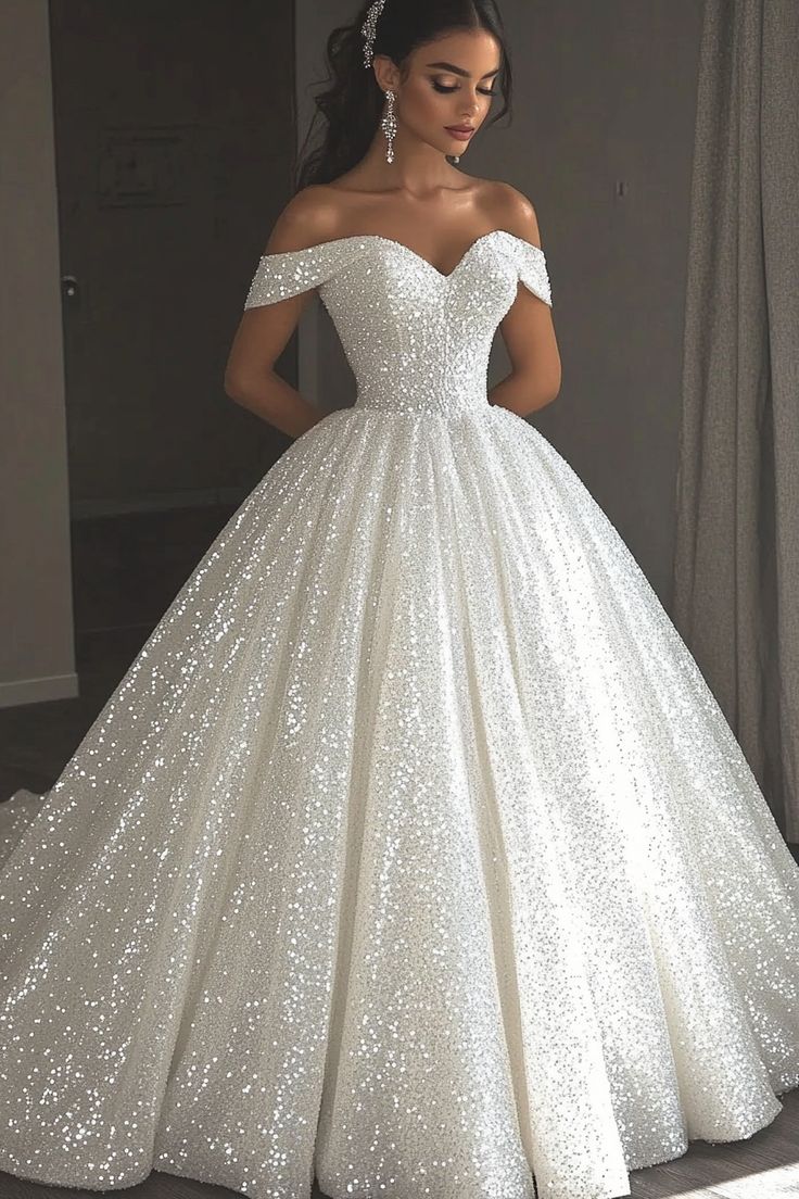 Glitter Sequin Ethereal Wedding Dress Ball Gown Off the Shoulder