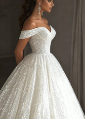 Glitter Sequin Ethereal Wedding Dress Ball Gown Off the Shoulder