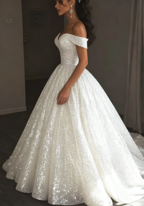 Glitter Sequin Ethereal Wedding Dress Ball Gown Off the Shoulder