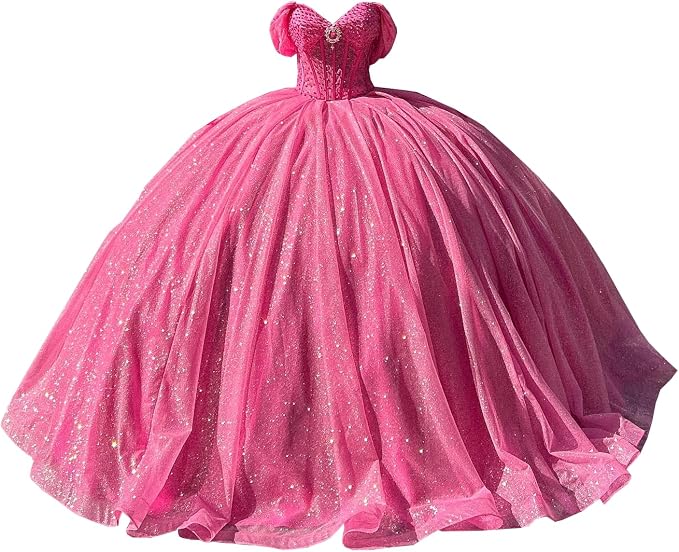 Glitter Pearls Pink Quinceanera Dresses Ball Gowns Sweet 15 16 Birthday Dress