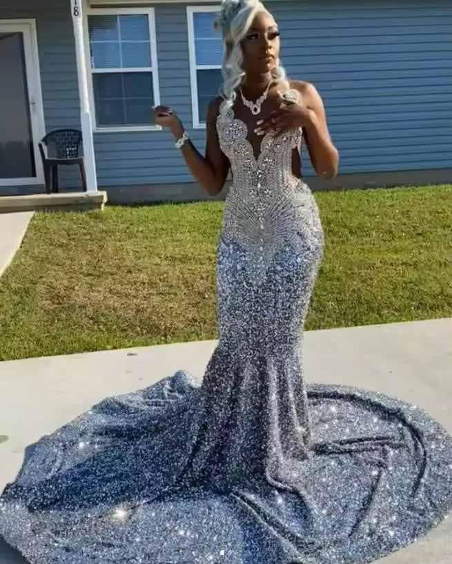 Glitter silver Formal Dress For Girl with Beads Crystals Prom Gown