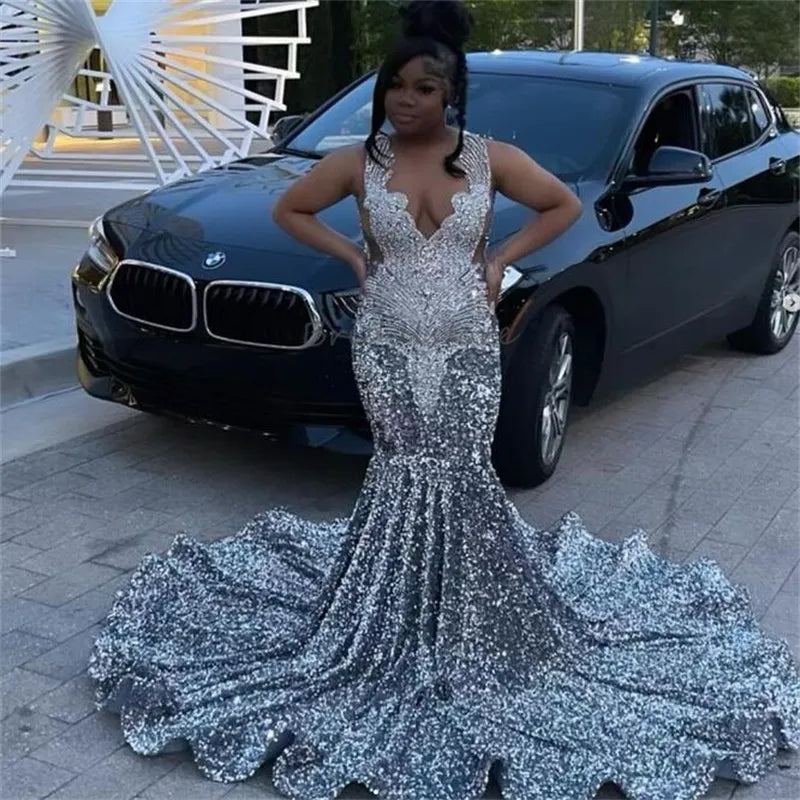 sparkling silver gown Glitter Formal Dress For Girl with Beads Crystals Prom Gown