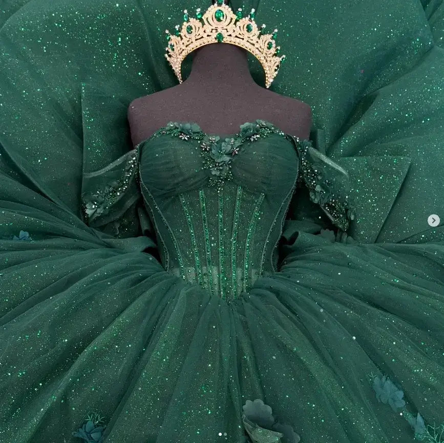 Glitter Sweet 16 Dress Emerald Green Corset Quinceanera Dress with Bow