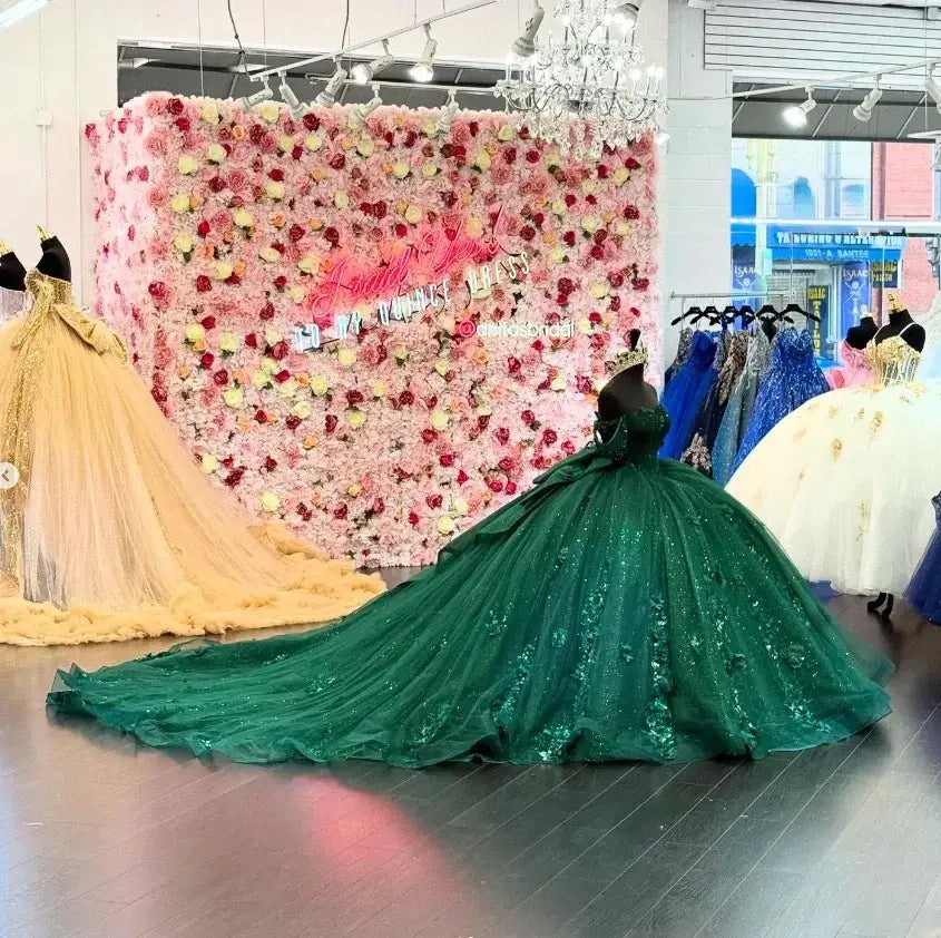 Glitter Sweet 16 Dress Emerald Green Corset Quinceanera Dress with Bow