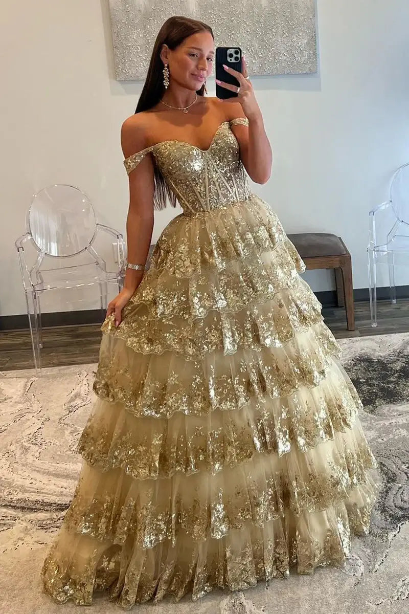 Long Gold Lace Sequins Tiered Prom Dress Off the Shoulder