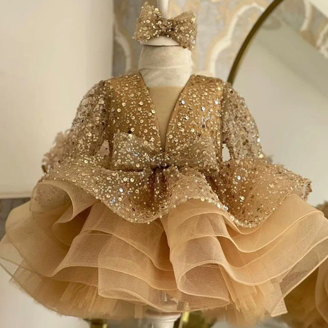 Long Sleeves Sequin Flower Girl Dress Toddler Birthday Baby Party Tutu Dress