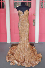 Strapless Sequin gold Evening Dresses Mermaid Long Prom Dress - MyChicDress